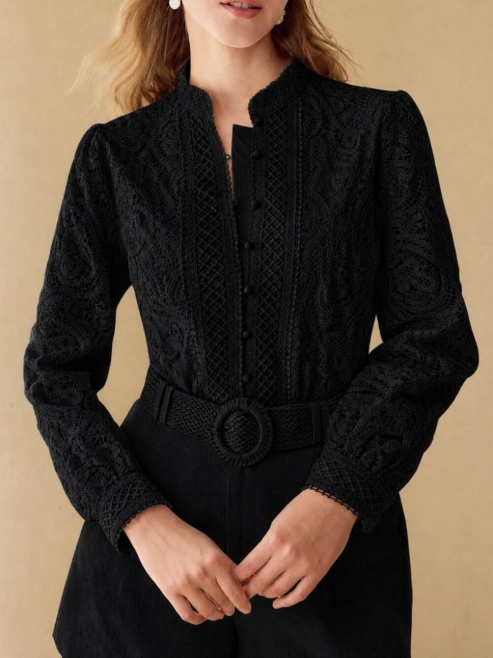 Black Crochet Lace Stand Collar Long Sleeve Blouse